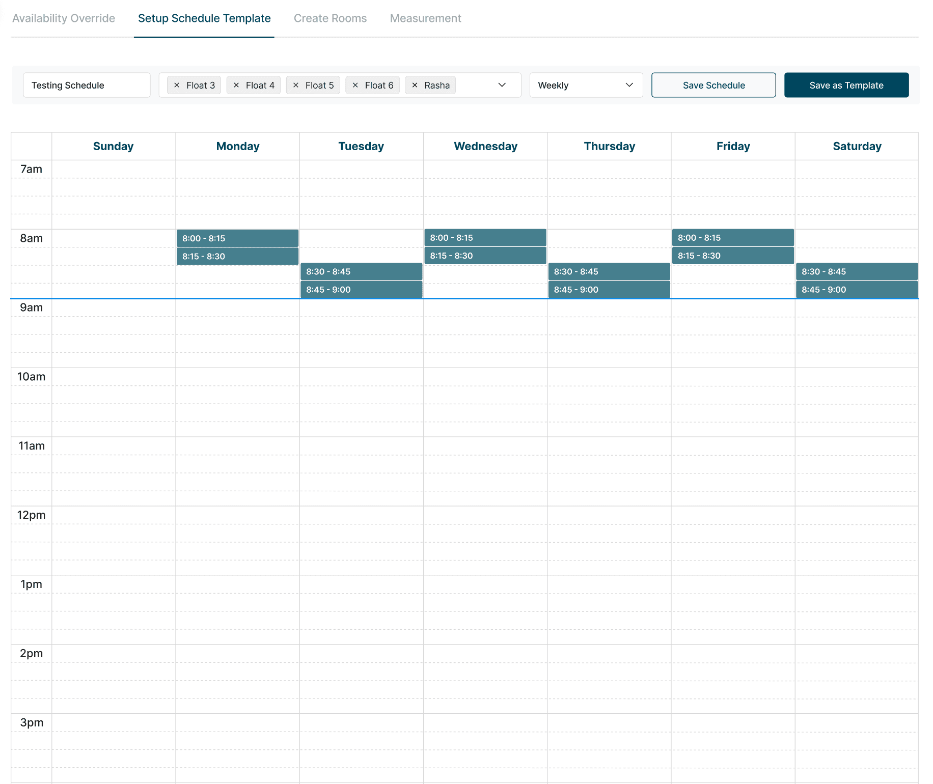 The Calendive schedule template editor with recurring 15-minute slots across the week