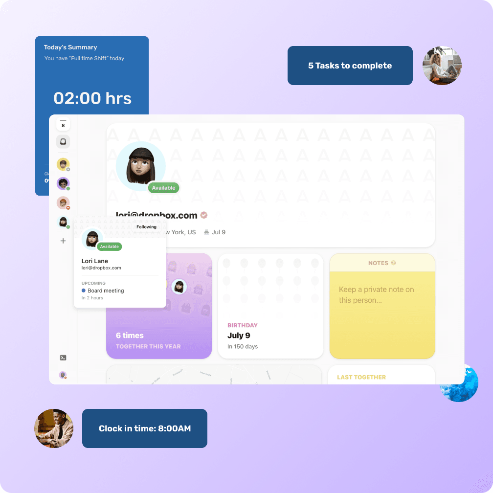 A Calendive contact card showing a teammate's availability, upcoming meetings and shared notes