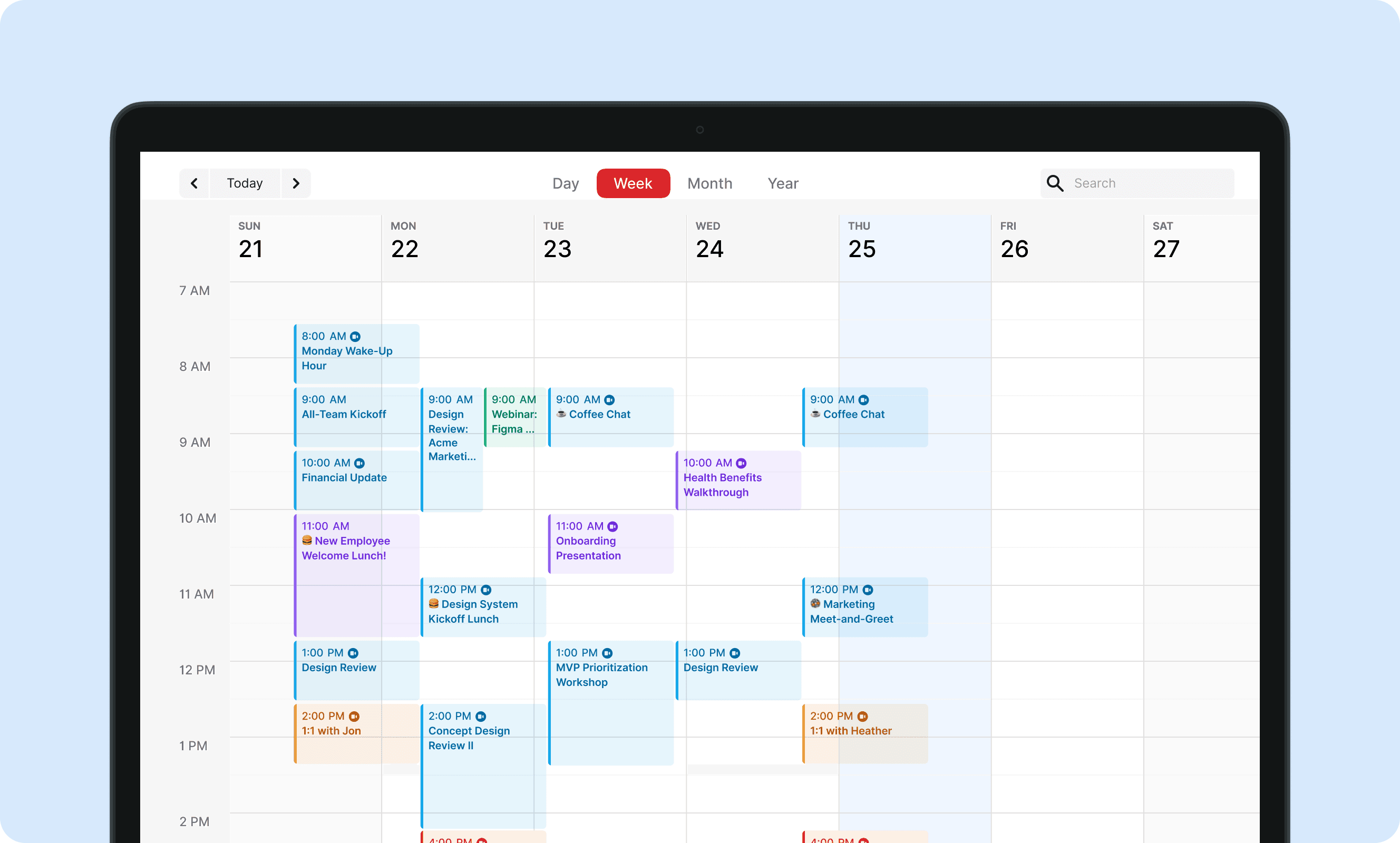 The Calendive week view open on a MacBook Pro, showing colour-coded meetings across seven days